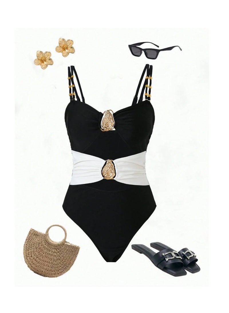 SHEIN Swim 1pc Contrast Color One-Piece Swimsuit, Metal Decor Beach Elegant Swimwear For Summer Beach Vacation - Image 4